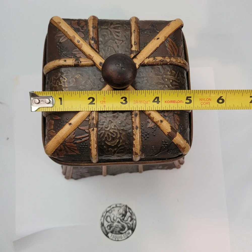 Vintage Decorative Keepsake Box Brown Floral Embossed Bamboo Trim Flared
